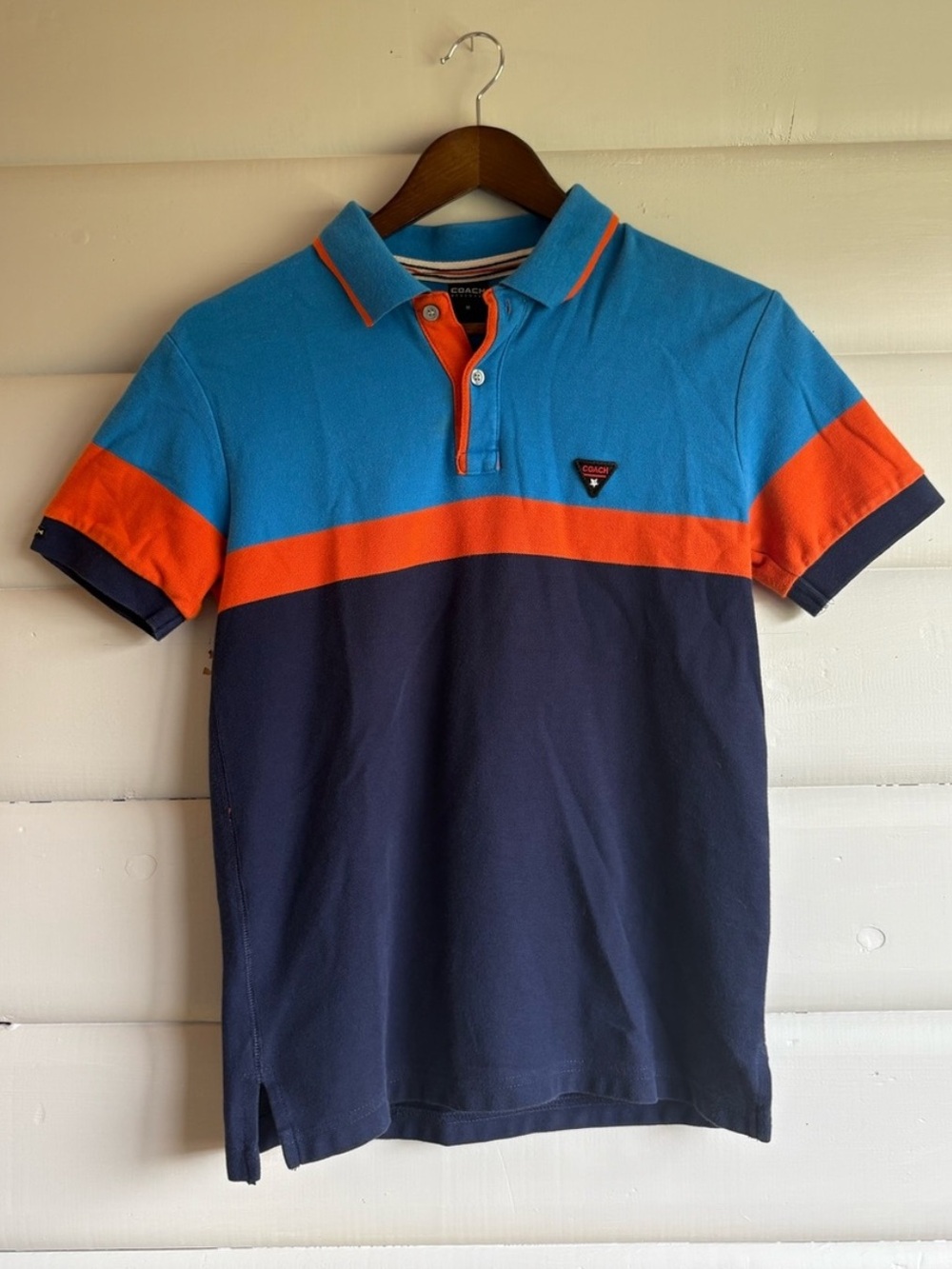 COACH colourblock Piqué Polo Shirt Slim Fit Blue Orange Navy Men’s Medium